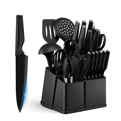 Onader Messerblock mit Messer Set, 22-teiliges Edelstahl Messerset und Silikon Küchenutensilien mit Block, Scharfe Küchenmesser Set mit Wetzstahl, Profi Kochmesser mit Küchenhelfer für Kochen, Schwarz