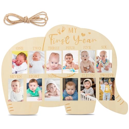 NOWHYX My First Year Picture Frame, Baby’s First Year Photo Display Wood Board 12 Months Milestone Board Birthday Baby Keepsake Nursery Decor Gift for Boy Girl(SIZE:Elephant)