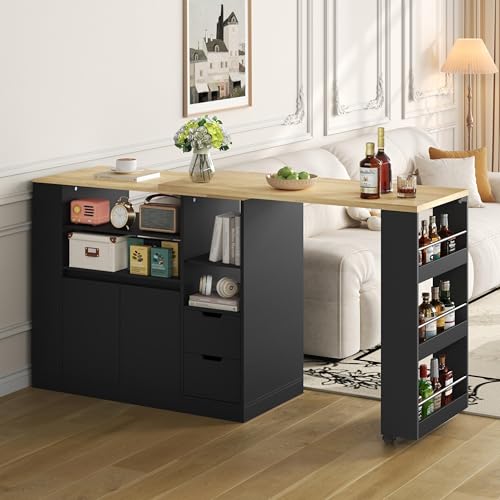Merax Mesa de bar con espacio de almacenamiento, con estantes y 2 cajones, isla de cocina con encimera extensible, 115 cm, con función giratoria de 360°, color negro
