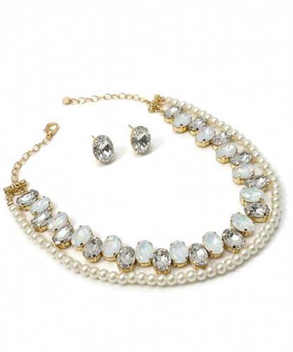 Image of Mansiyaorange Statement AD CZ American Diamond Cubic Zerconia Pearl Necklace Set | Gold Plated Chunky Fashion Jewelry for Women & Girls