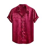 Mens Satin Button Down Shirt Silk Touch Graphic Summer Pajama Tops Lightweight Stay Home Lounge Shirts(Wine,XX-Large)