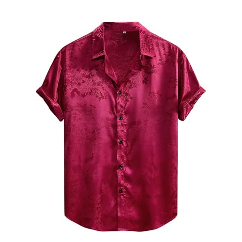 Mens Satin Button Down Shirt Silk Touch Graphic Summer Pajama Tops Lightweight Stay Home Lounge Shirts(Wine,XX-Large)