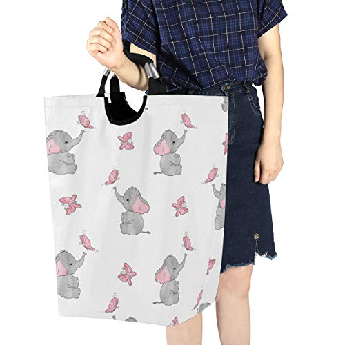Agona Cute Elephants Pink Butterflies Laundry Basket With Handles Large Storage Bin Collapsible Fabric Laundry Hamper Foldable Laundry Bag For Kids Room Toy Bins Gift Baskets Bedroom Baby Nursery #TOP6