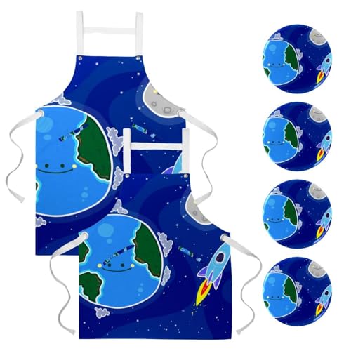 Tablier de cuisine motif Terre et fusée avec 4 broches incluses