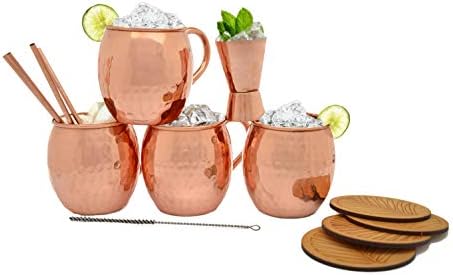 100% Handcrafted Moscow Mule Copper Mugs - Set of 4 - Handmade Pure Solid Copper Mugs - 16 oz capacity - Gift Set with BONUS: 4 Cocktail Copper Straws, 1 Shot Glass and 4 coasters