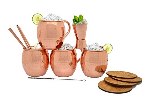 Super Big Clearance! 100% Handcrafted Moscow Mule Copper Mugs - Set of 4 - Handmade Pure Solid Copper Mugs - 16 oz capacity - Gift Set with BONUS: 4 Cocktail Copper Straws, 1 Shot Glass and 4 coasters