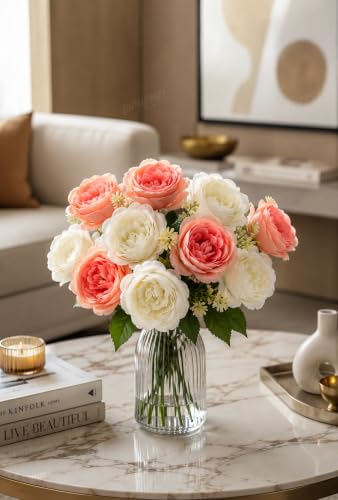 Image of Divyakosh Artificial Flowers for Vase (10 Peonies), Artificial Flowers Bunch (Vase Not Included), Luxury Floral Centerpiece for Living Room Dining Table Office Decor