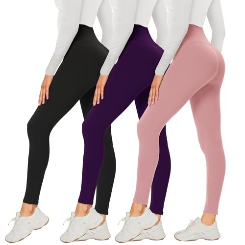DDOBB 3 Pack Leggings for Women High Waisted Black Leggings Tummy Control Stretchy Pants Trousers for Gym Fitness Yoga Running Regular&Plus Size(Black + Violet + Morandi Pink)