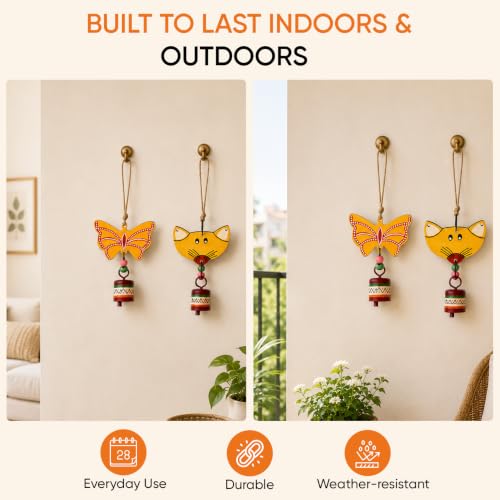 Image of Aakriti Art Creations Flutter & Whisker Wooden Hanging Bells Set | Handmade Modern Art Wooden & Metal Wind Chimes | Indoor & Outdoor Hanging Bells for Balcony, Garden, Living Room & Gifting