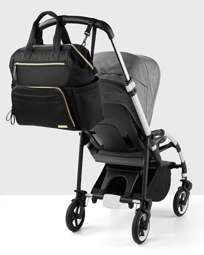 Image of Skip Hop Diaper Bag Backpack: Mainframe Large Capacity Wide Open Structure with Changing Pad & Stroller Attachement, Black with Gold Trim, 14.25x6.25x14.75 Inch (Pack of 3)