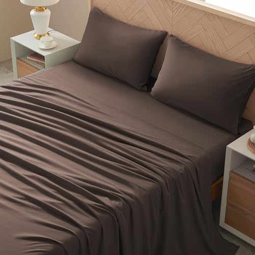 Image of Twin Size 4 Piece Sheet Set - Comfy Breathable & Cooling Bed Sheets Set, Soft and Wrinkle Free, Deep Pockets, Easy & Secure Fit, Hotel Luxury Bedding - Oeko-Tex - Dark Brown