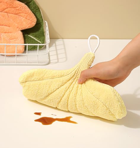 Image of House of Quirk Leaf Shaped Hanging Towels Set of 2 | Soft Coral Fleece Kitchen & Bathroom Towels | Super Absorbent & Quick-Dry Decorative Cloths (Green /Yellow)