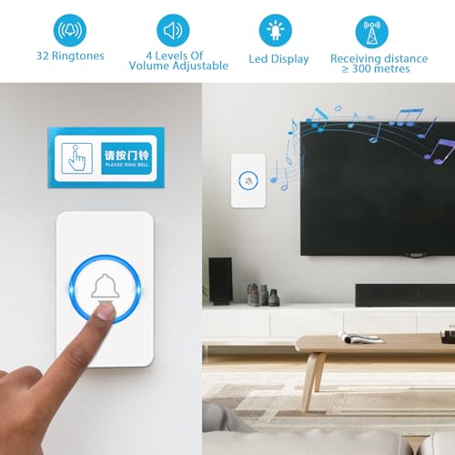 VFANDV Funkklingel, Funk klingel Set Aussen Wasserdicht, Türklingel Batteriebetrieben, 59 Melodien, 1 Plug-In-Empfänger und 1 Sender mit 4 Lautstärkestufen und LED-Blitz