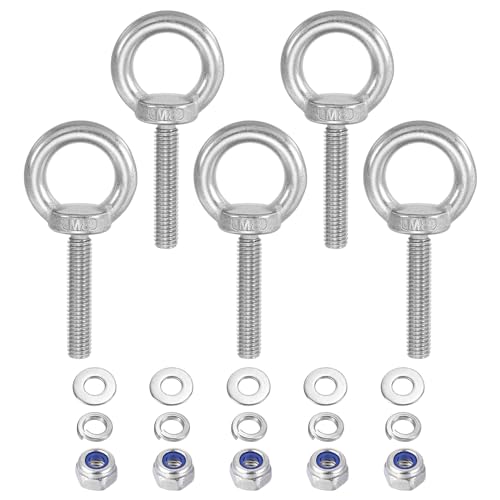 PATIKIL M8 x 40mm Lifting Shoulder Eye Bolt, 5Pcs 304 Stainless Steel Lifting Ring Threaded Eyebolt with Nuts Washers for Hanging Hammocks Articles