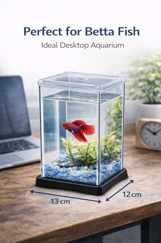 Image of Betta Fish Tank 13x12x20 cm Acrylic Aquarium with Lid | Small Desktop Fish Tank | Air Vent Hole | Easy Clean|Strong Acrylic Build| Compact Aquarium for Home & Office
