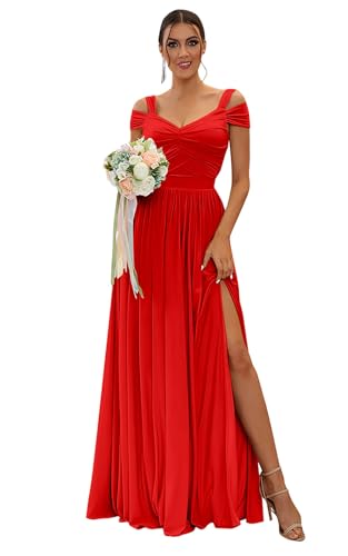 Image of SOLODISH Off The Shoulder Bridesmaid Dresses Long Chiffon Formal Evening Dresses for Women