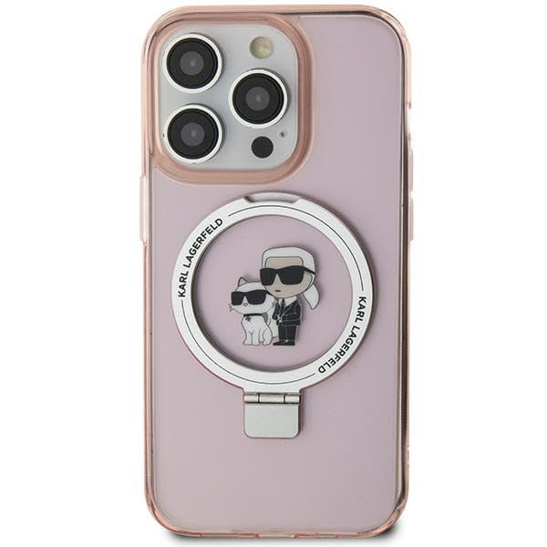 KARL LAGERFELD KLHMP15SHMRSKCP Coque pour iPhone 15 6,1" Rose Rigide avec Anneau de Support Karl&Choupettte