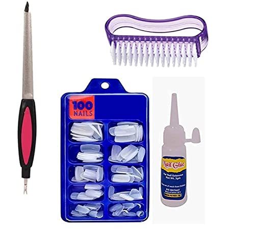 Tifurko Nail Art Combo of Artificial Nails, 100 Pieces of Nails, Nail Cleaner Brush, Nail Filer and Buffer Both and Nail Glue for Girls, Easy to Use and Remove and Change Styles Frequently and Easily.