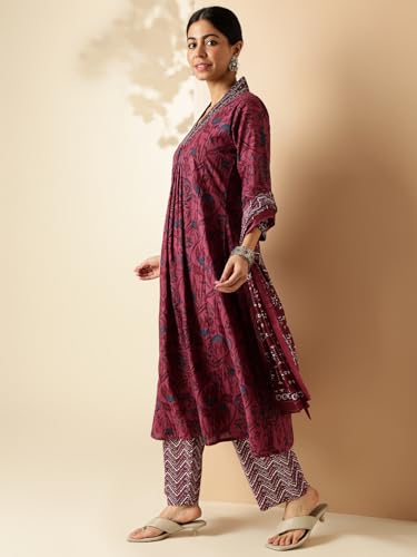 Image of Vbuyz Women Floral Print With Mirror Work Cotton Kurta Palazzo With Dupatta