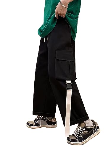 WDIRARA Men's Flap Pockets Drawstring Elastic Waisted Straight Leg Casual Cargo Pants