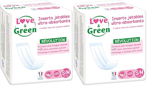 Love & Green Insert Jetable écologique universel pour Couche Lavable x25 Taille S/M (Lot de 2)