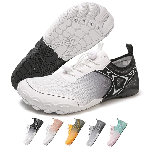 Zapatos descalzos para mujeres y hombres, unisex, de secado rápido, antideslizantes, puntera ancha, zapatos profesionales para el agua, para parejas, tenis para exteriores, Fm002 Blanco Negro, 11 11.5