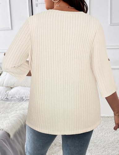 Koscacy Women Plus Size V Neck 3/4 Roll Sleeve Sweater Casual Knit Tops Solid Color Blouses2