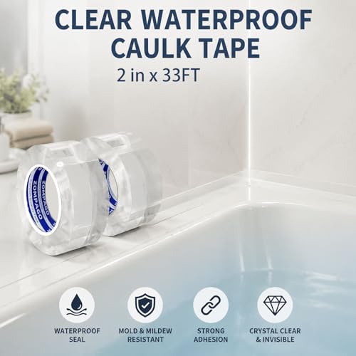 Image of ZOMPAGO Caulk Tape 2in x 32.8FT Clear Waterproof Self Adhesive Caulking Tape Peel and Stick Caulk Strip for Bathroom Bathtub Toilet Kitchen Vanity Stain Resistant