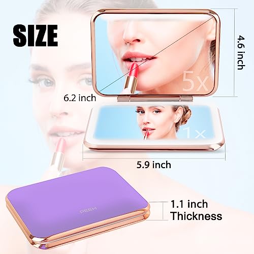 Omobolanle Travel Makeup Mirror, Desk Mirror With Light, 5X Magnifying Mirror With Auto-Off Lights And Stand, Rechargeable Portable Folding Led Vanity Mirror, Gift For Mother Purple #TOP4