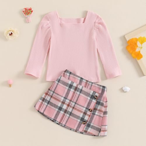 Image of BeQeuewll Fall Winter Toddler Baby Girl Clothes 2Pcs Long Sleeve Ribbed Knit Shirt Plaid Skirt 1T 2T 3T 4T 5T Girls Dress
