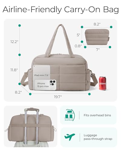 BAGSMART Gym Bag for Women with Toiletry Pouch, Lightweight Weekender Bags for Women with Wet Pocket, 31L Quilted Travel Duffle Carry On Bag, Weekender Overnight Bag for Travel,Water Resistant, Camel4