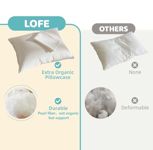 LOFE Organic Pillow with Pillowcase - 20x26 Youth Pillow with 100% Organic Cotton Shell, Adjustable Loft Organic Standard Plilow, Machine Washable, Soft, Perfect for Youth&Adults