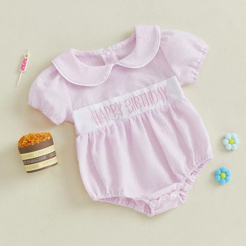 Baby Girls Birthday Bubble Romper Cap Sleeve Cake Embroidery Smocked Ruffle Bodysuit Outfits2
