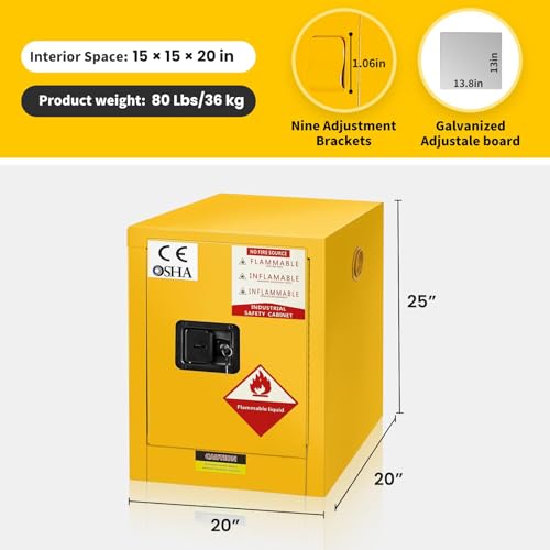 Image of 22 Gallon Flammable Cabinet, Hazardous Storage cabinets, Galvanized Steel Safety Storage Cabinet, Adjustable Shelf Fireproof Cabinet, for Commercial Industrial and Home Use 25H x 20W x 20D