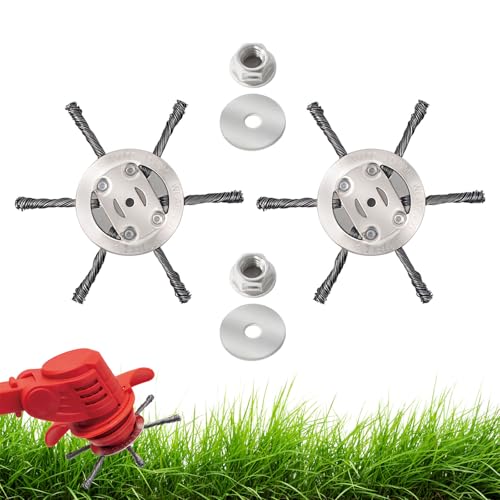 JAMSSOW 2 Pcs Steel Wire Grass Trimmer Head 6 inchs Universal Solid Steel Wire Brush Strimmer Head Strimmer Attachments for Lawn Rotating Replacement Tool Garden Moss Rust Weed Removal(6 Head)