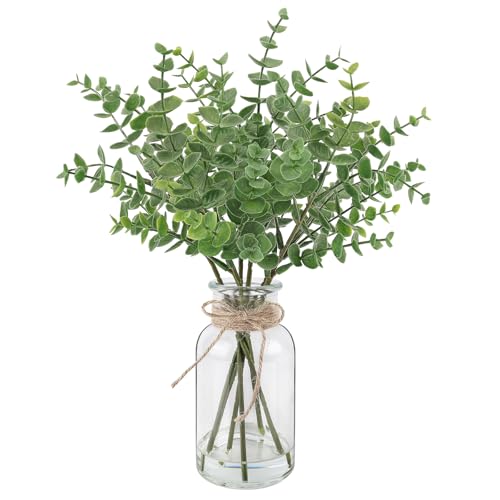 Tallos de eucalipto artificiales en jarrón de vidrio con agua sintética, plantas falsas pequeñas de 12.6 pulgadas, hojas de eucalipto para centro de mesa, baño, granja, estante, cocina, oficina,