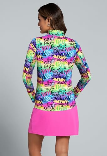 IBKUL Athleisure Wear Sun Protective UPF 50+ Icefil Cooling Girl Power Print Long Sleeve Mock Neck Top - 101164