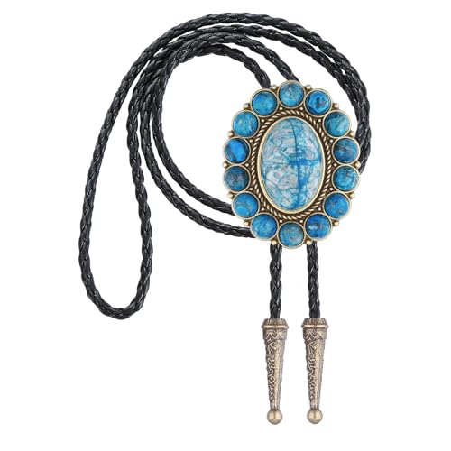 Image of GelConnie Bolo Tie for Men Women Western Cowboy Turquoise Leather Necktie | Natural Stone Bolo Tie Necklace for Women Rodeo Cowboy Leather Necktie Native American Western Cowgirl Ties Adjustable Cord