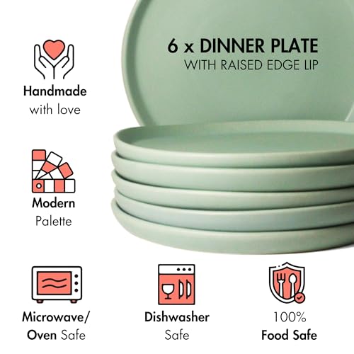 Image of Ceramic Dinner Plates, 6 Pcs | Rim Plate for Easy Eating | Microwave, Oven, Dishwasher Safe | Set of 6 Ceramic Plates for Dinner | Handmade | (Almost Blue, Set of 6 Dinner Plates)