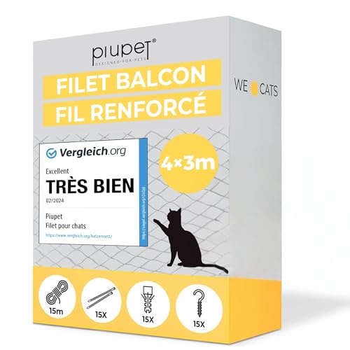 PiuPet® Filet de Protection Chat I 4x3m I Filet renforcé I avec Corde de Fixation I Protection Balcon Chat | Protection Chat Balcon | Grillage Fenetre Chat