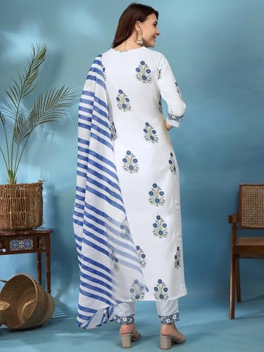 Image of Tee Projekt Women's Cotton Blend Floral Printed Straight Kurta Pant with Dupatta Set ll V Neck Kurta Set