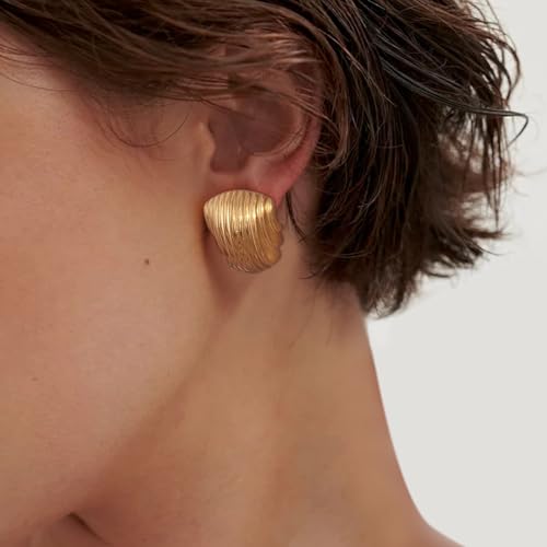 Gold Statement Earrings for Women Trendy, Chunky Gold Earrings Big Shell Wings Textured Dome Earrings Drop Earrings Hypoallergenic Earrings Lightweight Dainty Vintage Jewelry Gift3