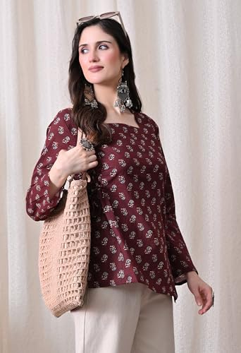 Image of MEERA FAB Women's Floral Printed Cotton Short Kurta Square Neck | Floral Printed Kurta with Full Sleeves | Short Kurti for Women