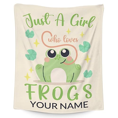 Personalized Frog Blanket Gifts with Name - 30x40 Inches Cute Throw for Girls - Green Soft Fuzzy Blankets for Couch & Office