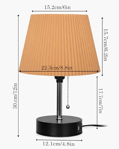 Image of Homesake Bedside Lamp for Bedroom Nightstand Table Light with USB A | C Charging Port, Desk Lamp, Pull Chain Light, Side Table Desk Reading Lamp, Living Room Gift, (Khadi Frill)