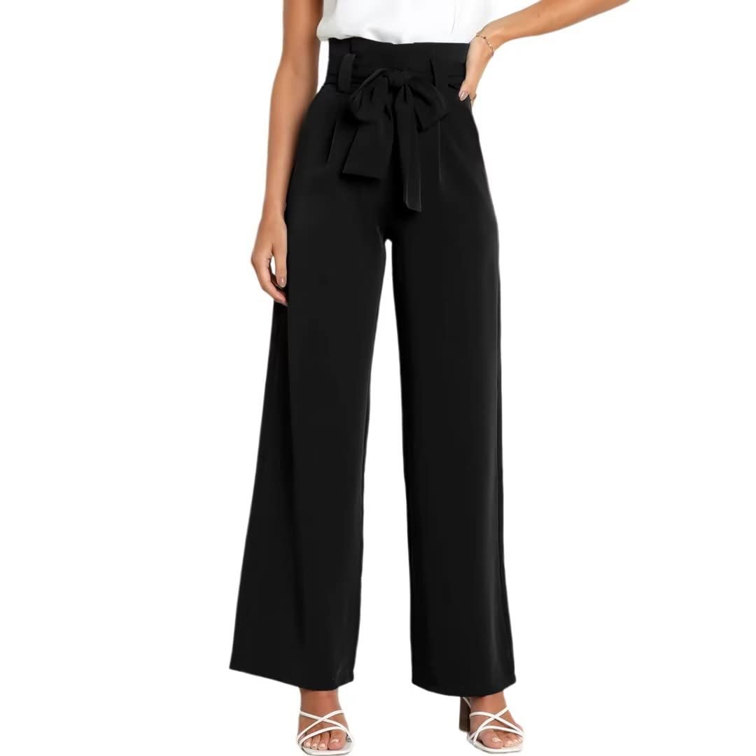 Womens High Waist Wide Leg Pants Elastic Waistband Belly Control Office Pants with Pockets for Work Casual Black