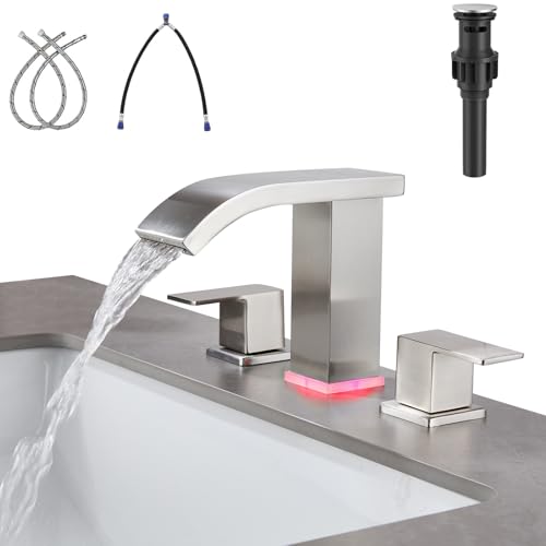 LED Light Widespread Bathroom Faucets for Sink 3 Hole Waterfall -Bathroom Faucet with Pop-up Drain...