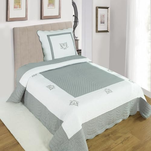Alpes Blanc - Couvre lit boutis Peaceland 100% Coton + taie(s) carrée(s) Assortie(s) – Brodé, léger et Doux – Bicolore