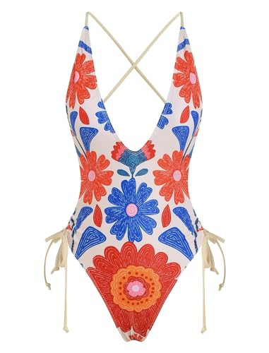 Image of ZAFUL Women Plunging One Piece Swimsuit Backless Cross Tie High Cut Thong One-Piece Bathing Suit