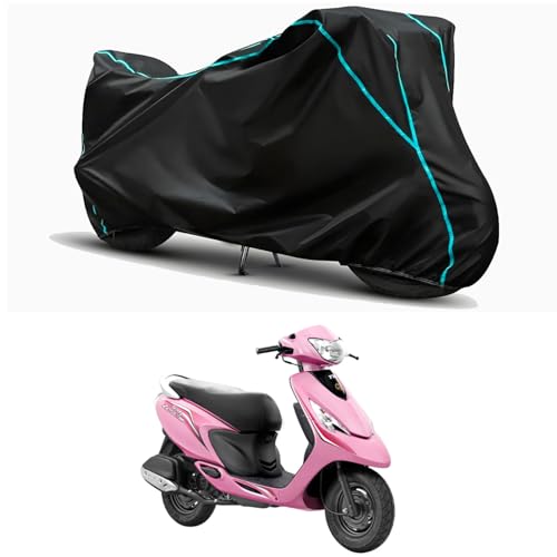 Image of Waterproof Bike Body Cover Compatible for | TVS Scooty Zest Gloss | Taffeta Fabric, Sky Piping Design, Bottom Elastic Fit | Dustproof, Sun UV & Rain Protection for All Weather.